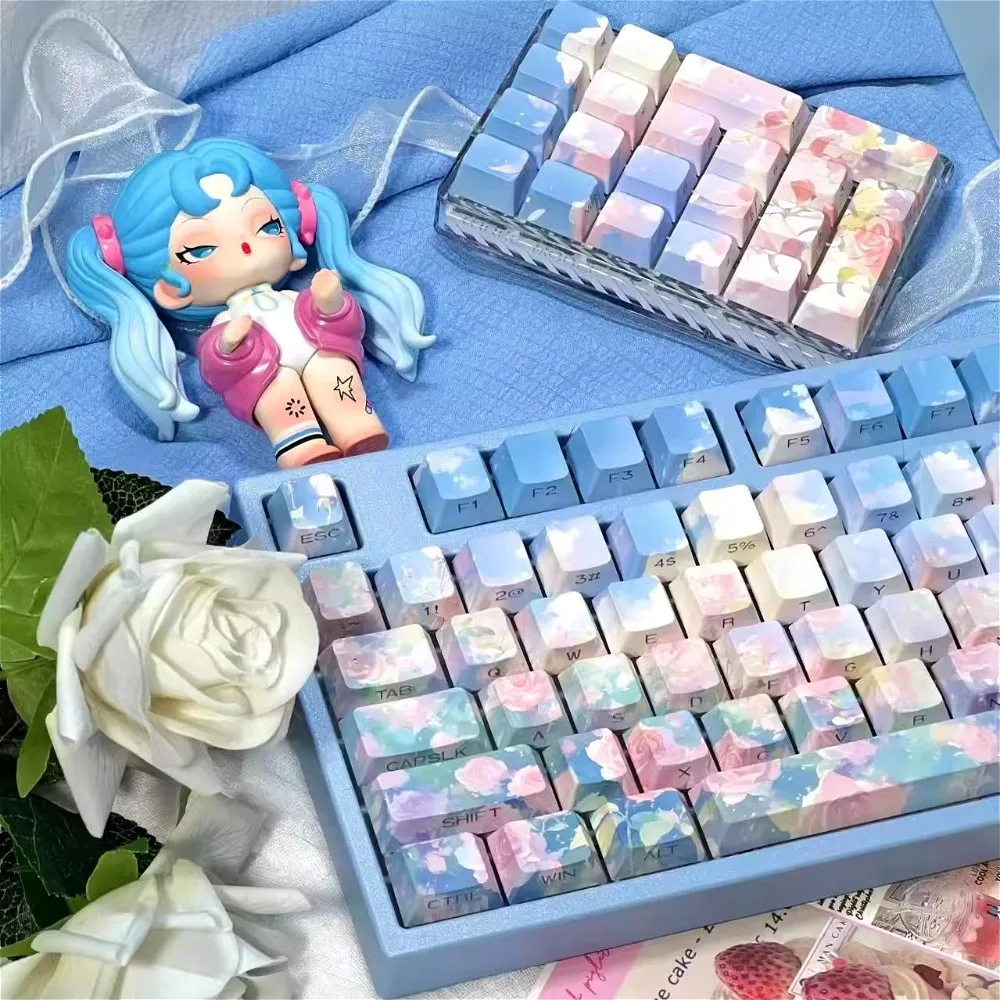 

Oil painting Rose Garden PBT side engraved transparent mechanical keyboard keycaps, original factory