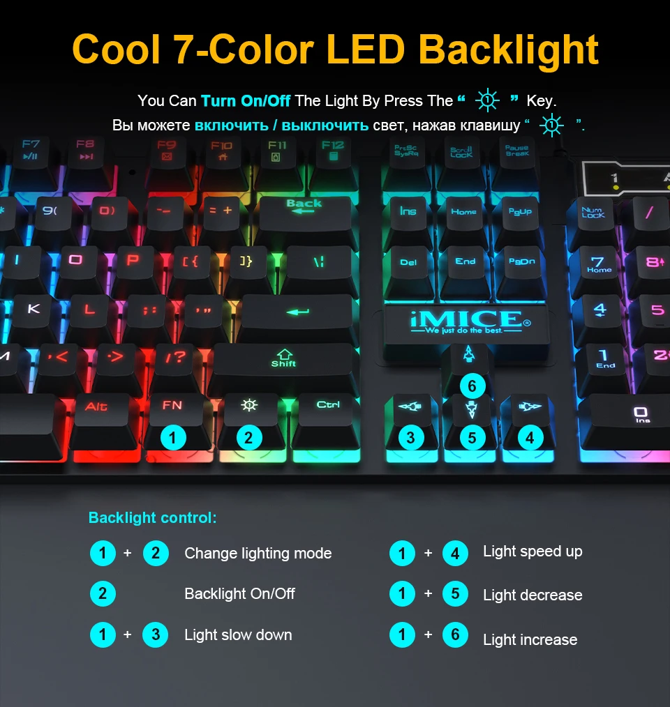 Teclado ergonómico para gaming con retroiluminación USB, teclas de goma RGB con cable compatible con PC y ordenador portátil, ruso, 104 teclas