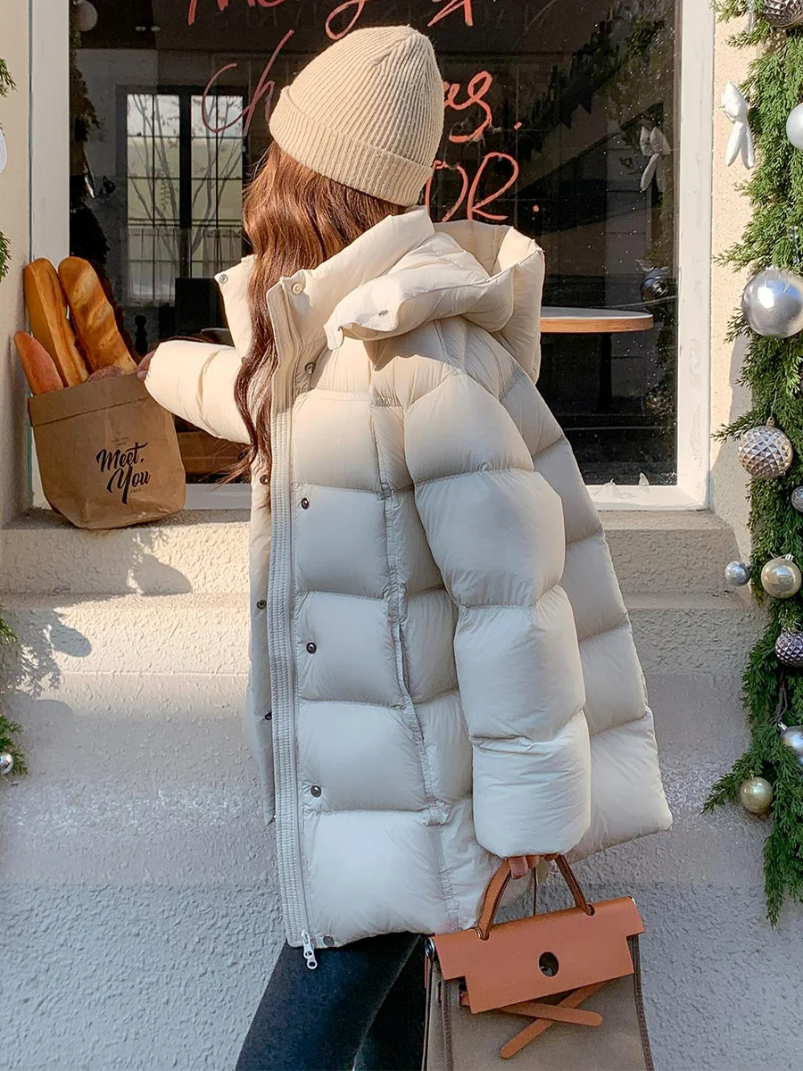 Damska kurtka puchowa Casual Sle Long Bla, biała, luźna, ciepła, z kapturem, zimowa odzież wierzchnia Faion