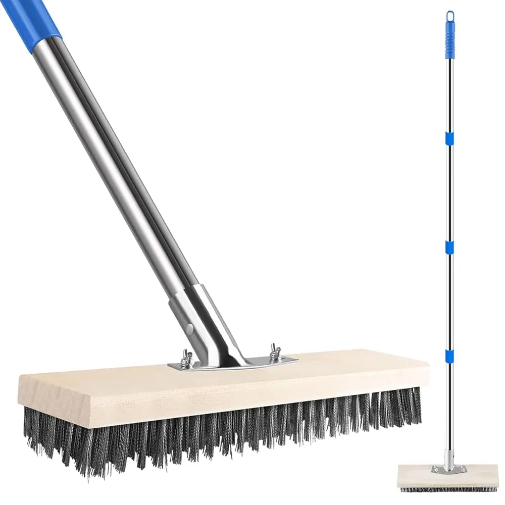 

Stainless Steel Wire Scrub Brush with 62\ Long Handle,Heavy Duty Stiff Metal Bristle Scrubber Broom for Deck Concrete Patio G