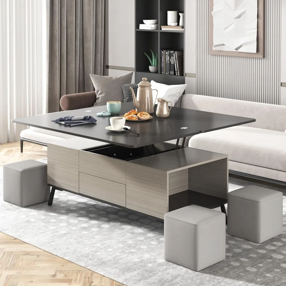 Coffee Table with 4 Stools, Convertible Living Room Tables with Storage, 5 Pieces Lift Top Coffee Table Set