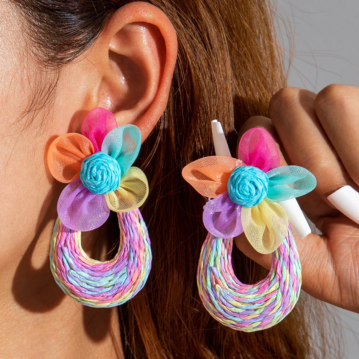 Tocona Fashion Colored Lafite Grass Imitation Flower Pendant Earrings Geometric Hollow Jewelry Women's Party Accessories