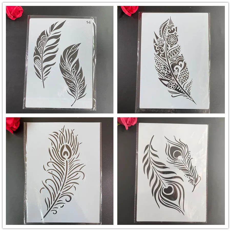 4pcs / set A4 Mandala feather Stencils Painting Coloring Embossing Scrapbook Album Decorative Template stencil  CN(Origin)