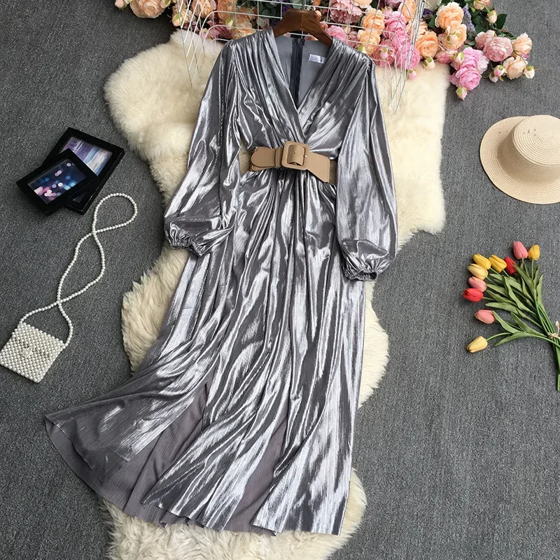 

2023 Summer Elegant Fashion Vintage Dress Court Style Dress Women's Dress Belt High Waist Robe Argent Long Dresses for Women