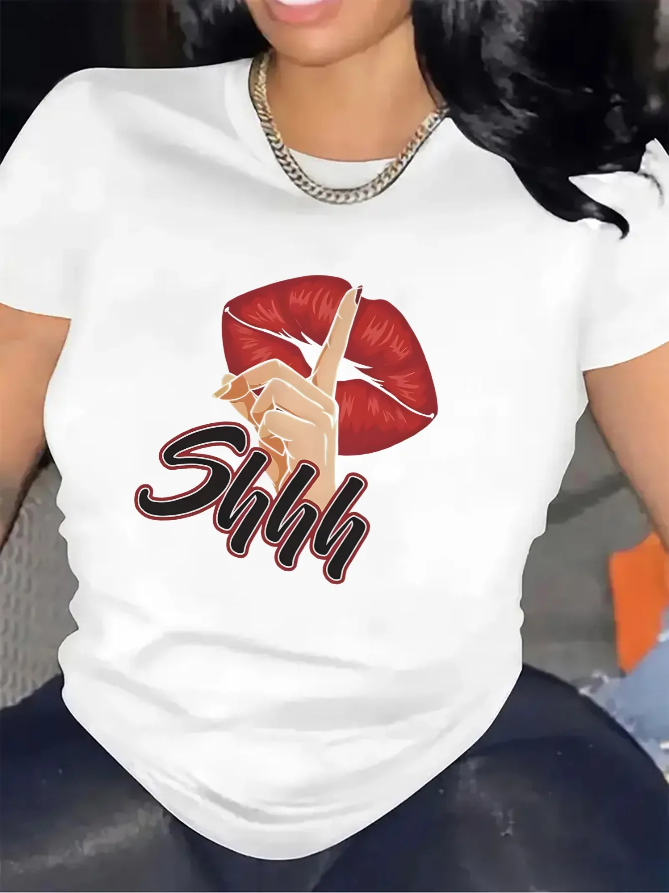 Women's Sexy Lips Graphic T-Shirt Soft Red Lip Print Top for Women's Fashion Women Casual Round Neck T Shirts Clothing view 2