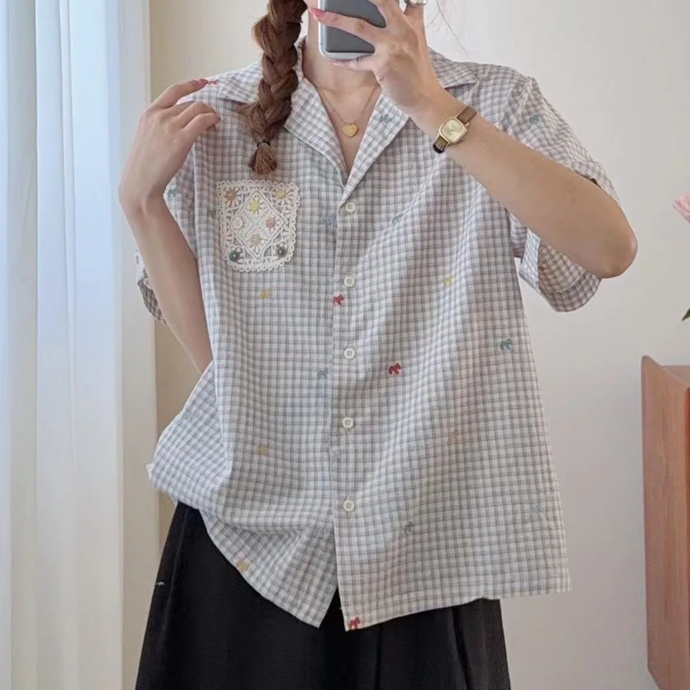Japanese Mori Girl Vintage Plaid Embroidery Patchwork Cotton Shirts Women Summer Turn Down Collar Short Sleeve Casual Blous
