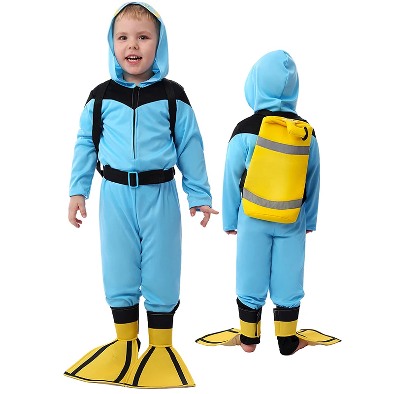 Unisex Child Girls Occupational Scuba Driving Suits Fancy Dress Up Kids Halloween Purim Cosplay Boys Blue Scuba Driver Costume