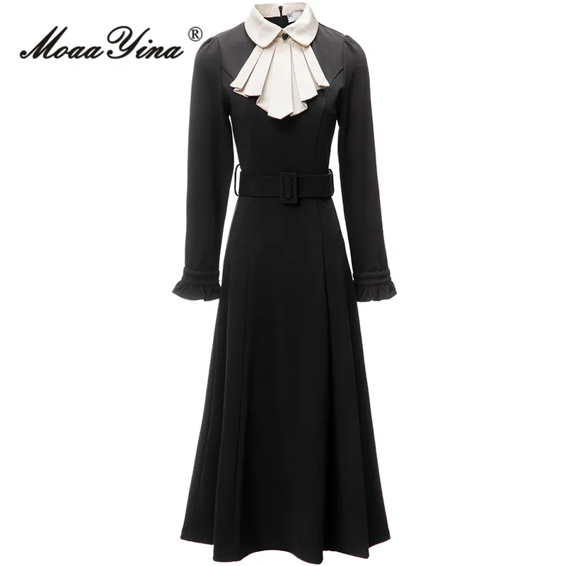 

MoaaYina Autumn Fashion Designer Black Vintage Dress Women Lapel Long Sleeve Ruffle Sashes Gathered Waist Slim A-LINE Long Dress