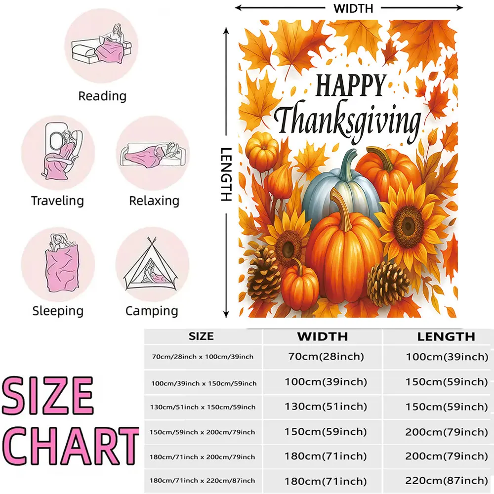 1pcs 230g flannel blanket HAPPY Thanksgiving design decorated pumpkins sunflowers maple leaves offering comfortable experienc