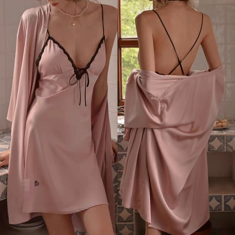 

Sexy Women 2PCS Nighty&robe Set Nightgown 2026 Summer New Lace Lingerie Chemise Sleepwear Loungewear Silky Satin Homewear Pajama
