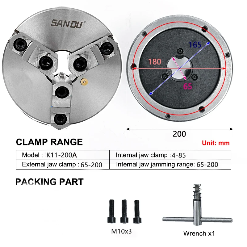 SANOU Brand 200MM Lathe Chuck 3 Jaw Self-Centering Chuck K11-200A With Detachable Jaw Scroll Chuck
