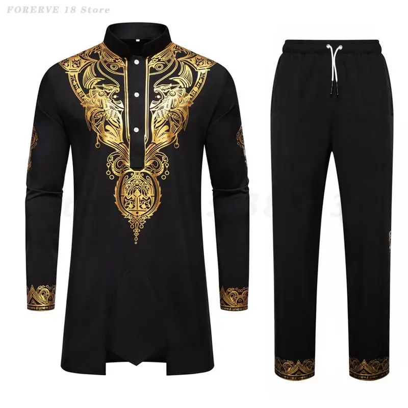 

Vintage Casual African Clothing Men's Two Piece Set Africaine Print Shirts Pants Outfit Loose Stand Up Collar Blouse Top Costume
