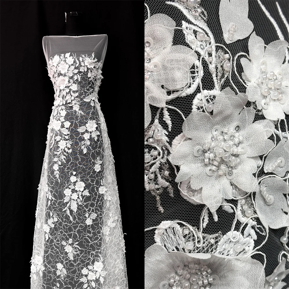 

Madison Chiffon African Beaded Lace Fabric High Quality Lace Embroidered Nigerian 3d Sequins Tulle Lace 5 Yards For Sew Party