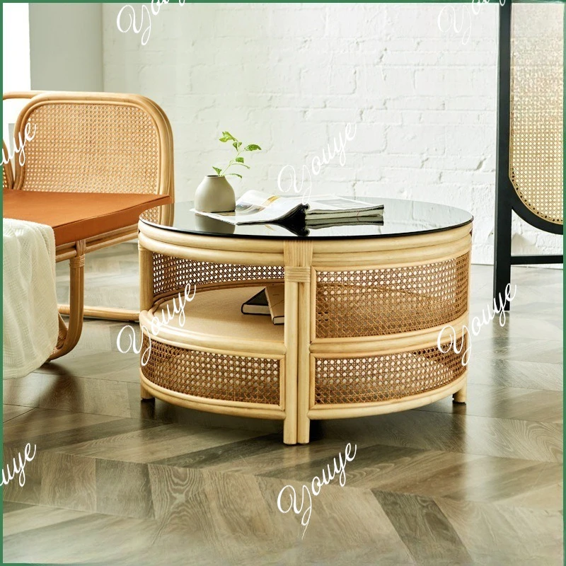 

Европейский светлый роскошный журнальный столик из ротанга для хранения, круглый стол для гостиной, индонезийский круглый журнальный столик из настоящего ротанга и