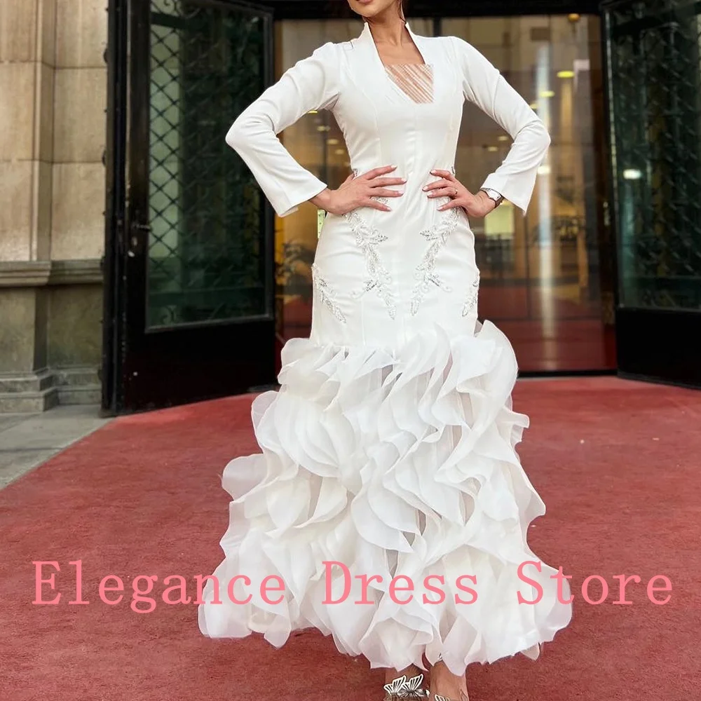 Customized Exquisite Tiered Crystal Mermaid Evening Dress Elegant V-Neck Long Sleeves Pleats Photo Color Vestido De Noche