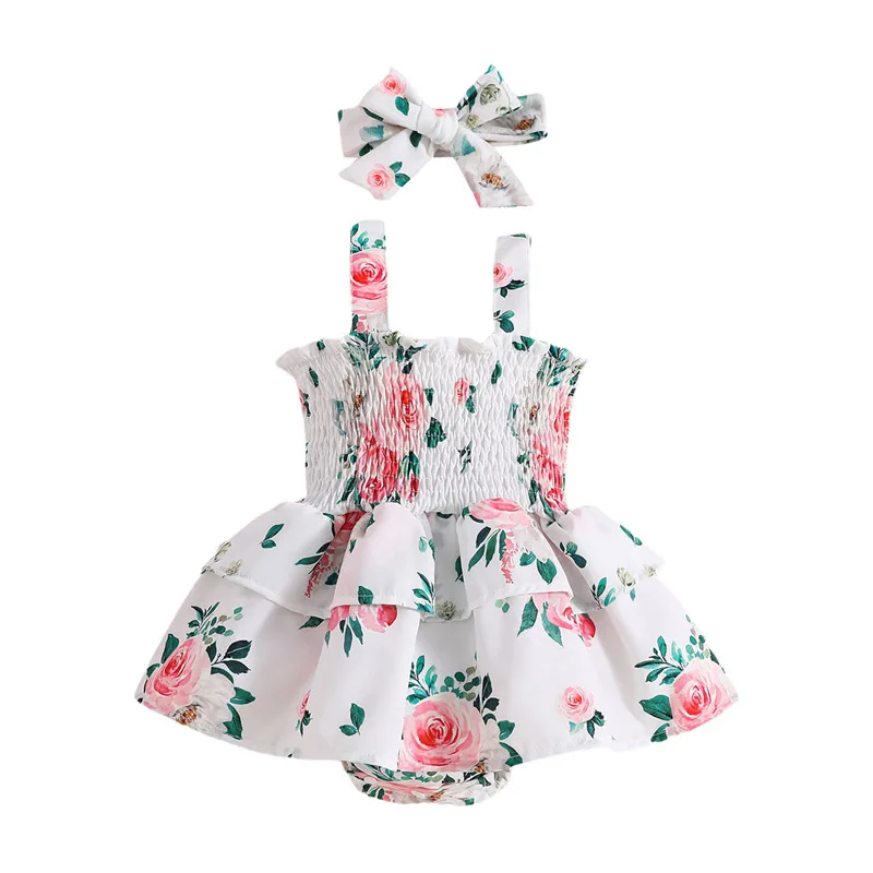 Newborn Infant Baby Girls Jumpsuit Set Summer Floral Print Ruffle Sleeveless Rompers and Headband Cute Baby Clothes Outfits