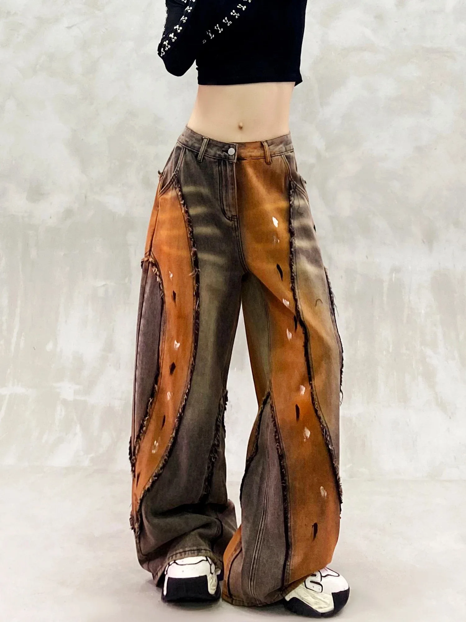 Y2K American Street Pants Women Wasteland Style Worn Wide Leg Autumn Erosion Damage Edging Jeans Fashion