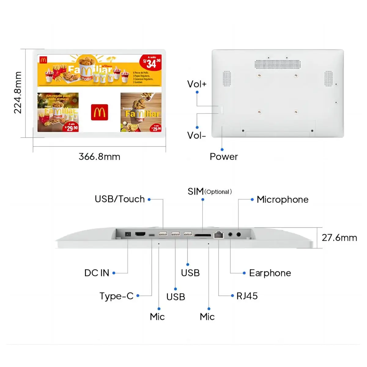 16 Inch Wall-Mounted POE Touch Tablet Android 14 8-Core Smart Home Multi-media Player, HDMI IN Narrow Bezel Monitor 1920*1200