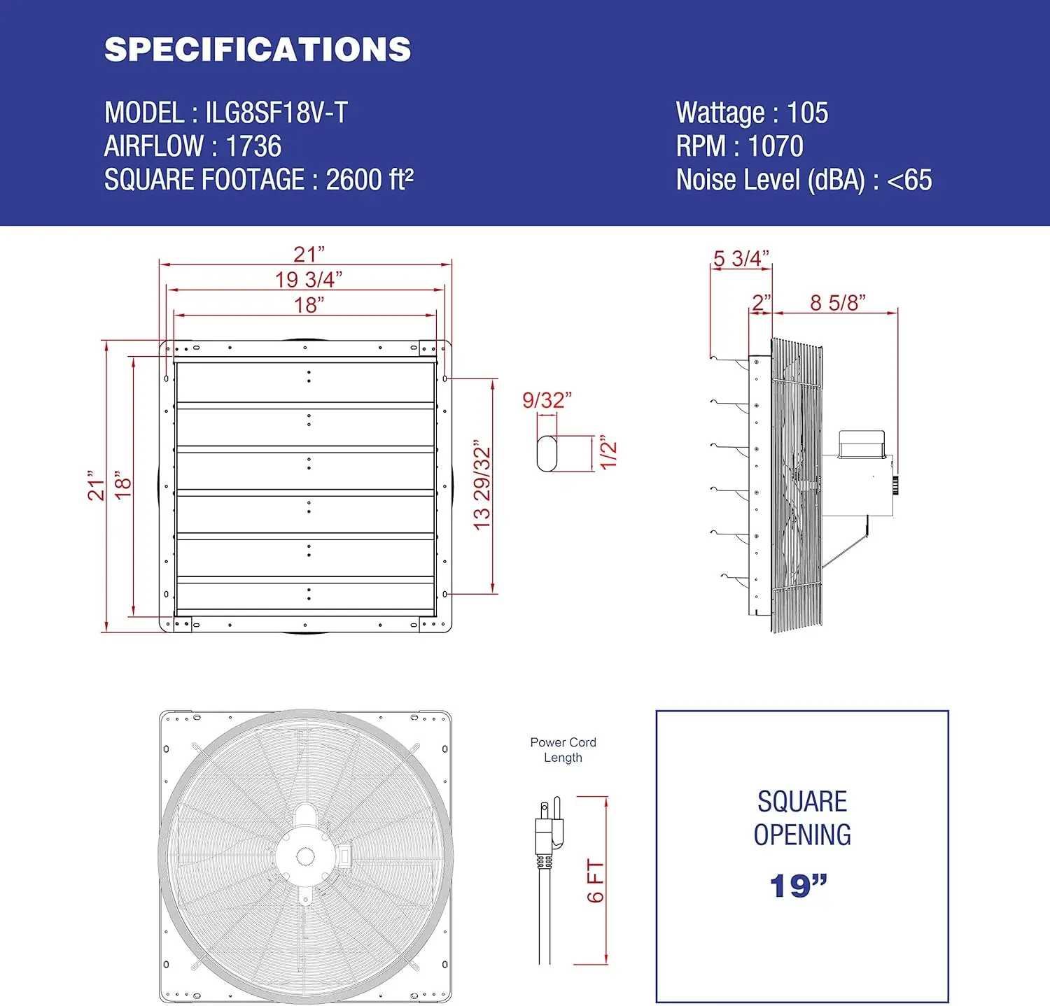 Mounted Shutter Exhaust Thermostat Control-3 Speeds Vent Fan for Home Attic, Shed, or Garage Ventilation, 1736 CFM, 2600 SQF Cov