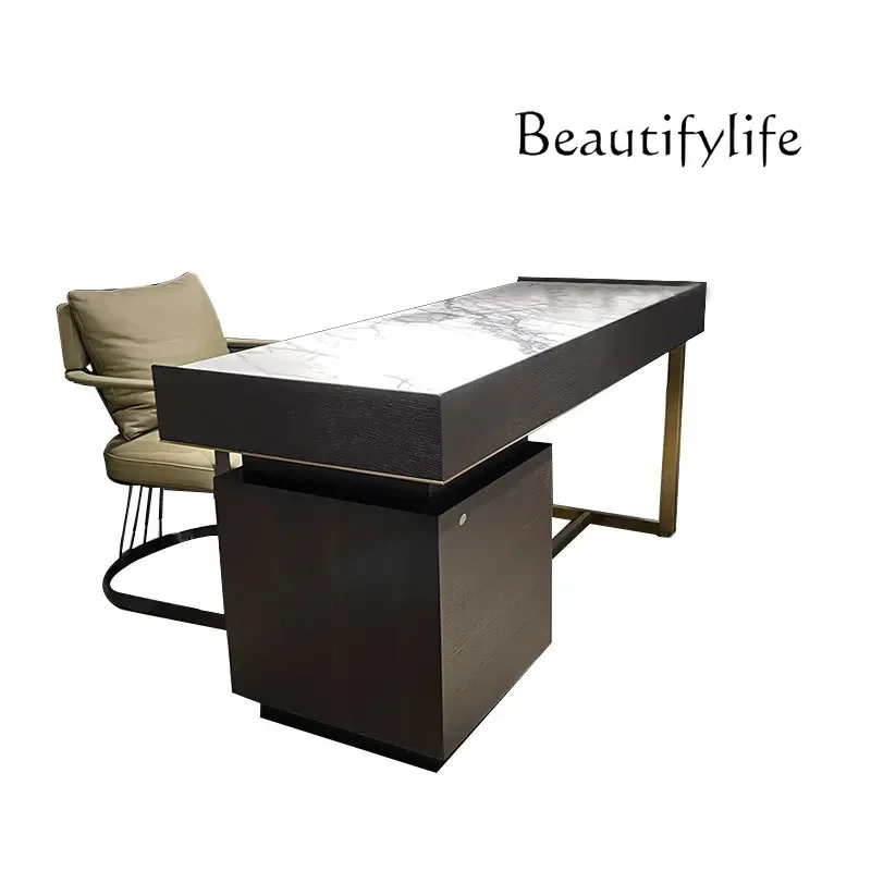 

Desk, computer desk smoky color, solid wood cabinet fragrant snow plum natural marble luxury simple modern table