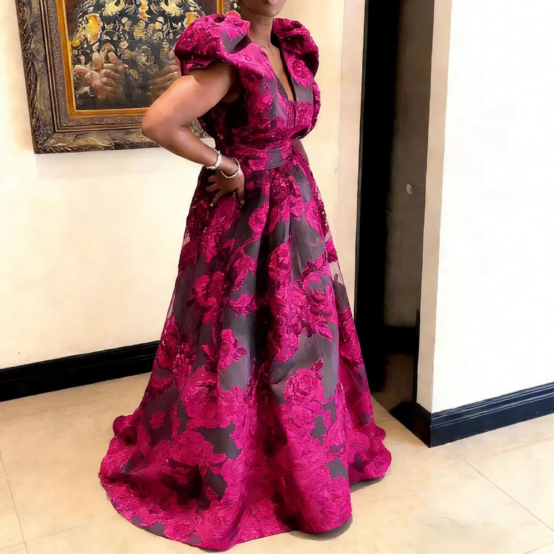 Abito da sera a trapezio in jacquard floreale bordeaux 2026 con maniche a sbuffo, lunghezza al pavimento, abito formale da festa, taglie forti, per invitati a matrimoni