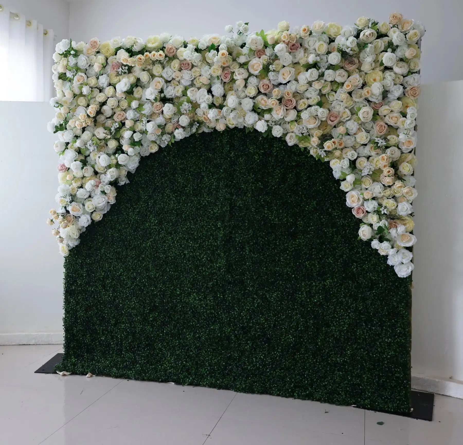 White Rose series Roll Up Cloth Curtain Flower Wall Arrangment Green Milan Turf Wedding Backdrop Fabric Wall Window Display