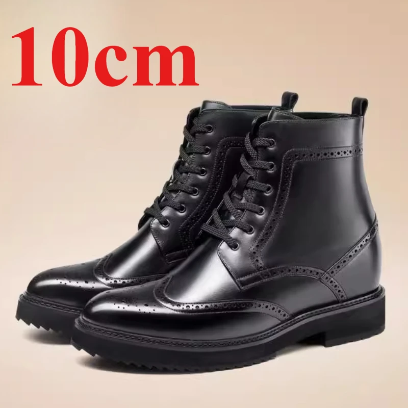 

Invisible Height Increasing Shoes for Mens 10cm Genuine Leather Men's Formal Boots England Business Block Carved Elevated Boots