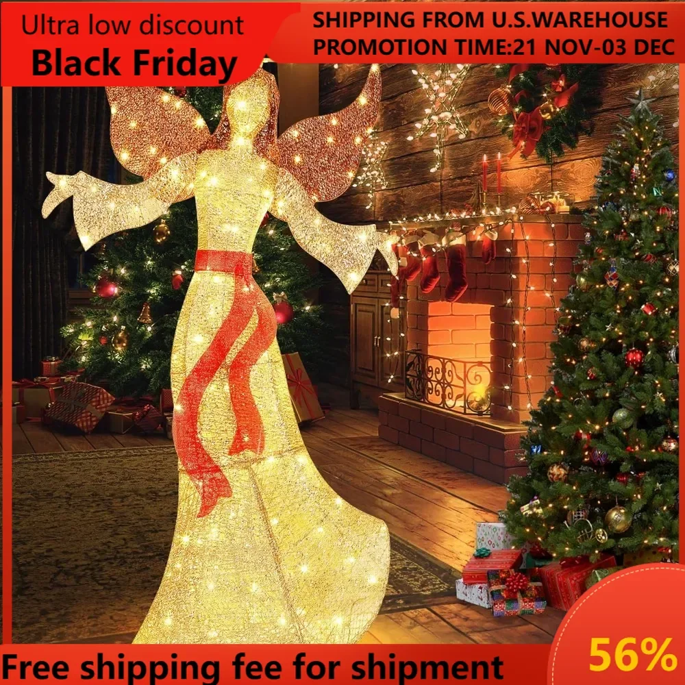 5FT Christmas Angel ตกแต่งกลางแจ้ง,ขนาดใหญ่ 3D Glittered คริสต์มาส Lighted Decor 160 ไฟ LED อบอุ่น, light up คริสต์มาส