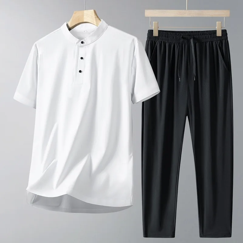 

Men's Ice Silk Polo Shirt 2 Piece Set Summer Stand Collar Short Sleeve Long Pants Middle Aged Casual Sports Loungewear