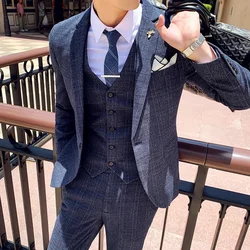 hemp Suit M-7XL (Blazer + Vest + Trousers) Men's Suit Fashion Business Italian Style Elegant Dress Gentleman Formal 3-piece Suit