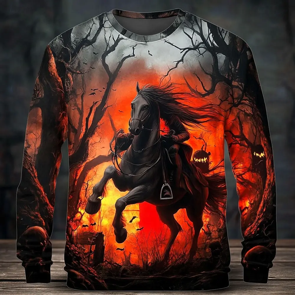 Men Halloween Headless Horseman Print Long Sleeve Shirt Purple Forest Bat Pumpkin Horror Graphic Crew Neck Top Casual