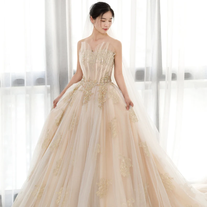 

Elegant Simple Bridal Gown Floor-Length Wedding Dress Slimming Strapless Exit Dress for Short Women New 2026 Model
