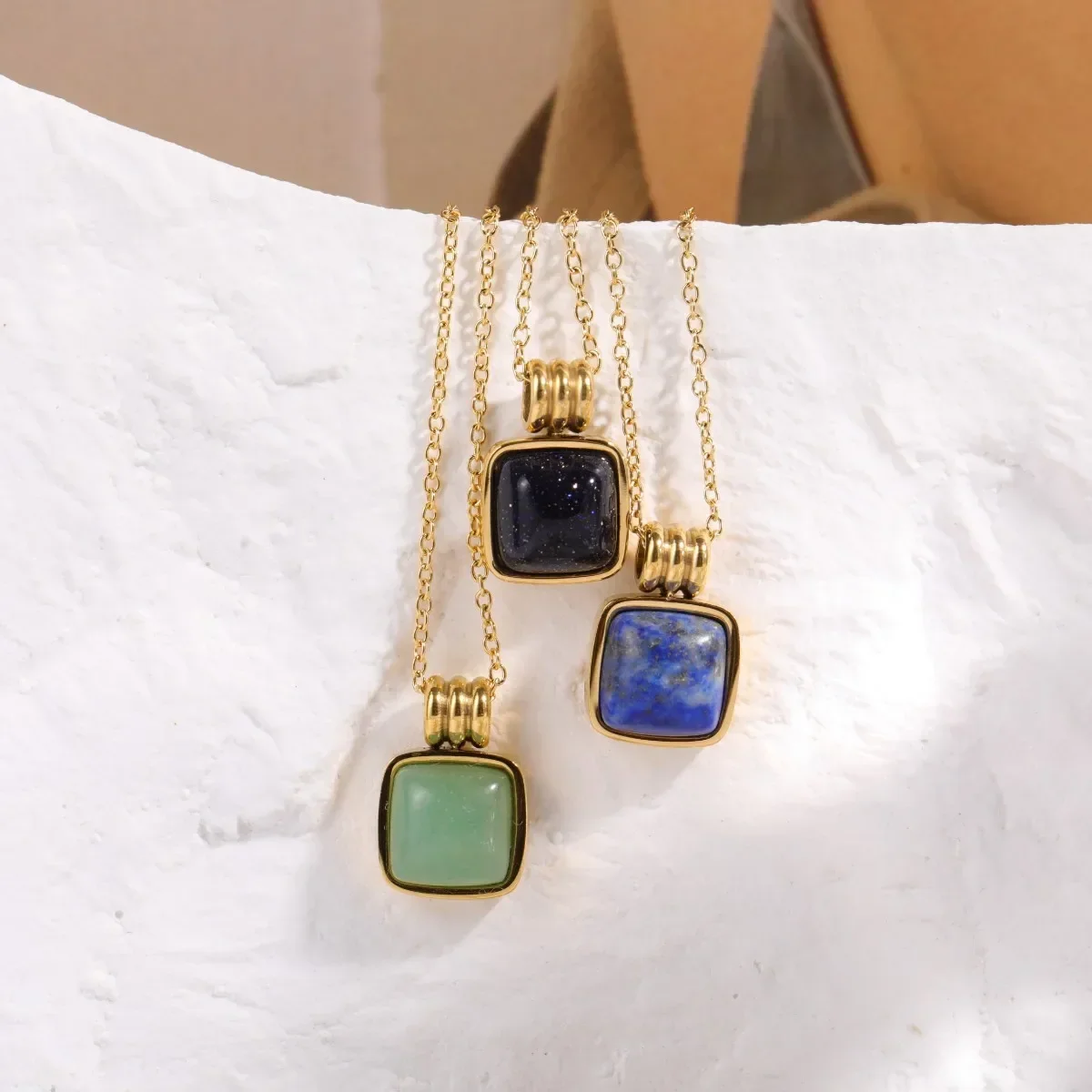 RHYSONG Stylish Natural Green Aventurine Blue Sandstone Stone Square Pendant Necklace 18k Gold Plated Jewelry For Women Gift