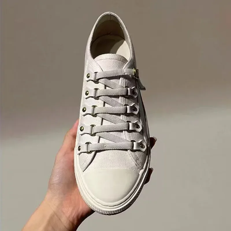 New Knitted Canvas Shoes Lace Up Thick Bottom Fashion Casual Breathable Appear Thin Vintage Flat Vulcanized Designer Women Shoes