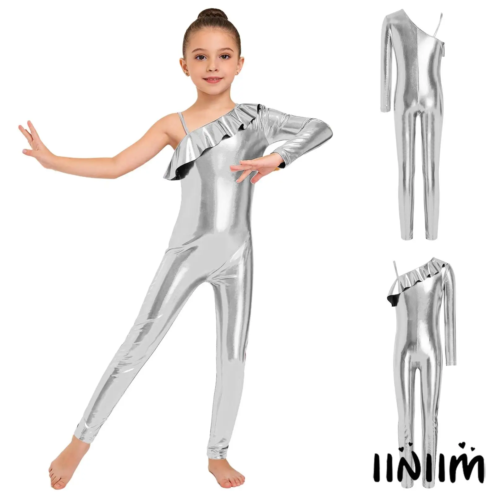 

Kids Girls One Shoulder Metallic Ballet Dance Jumpsuit Side Invisible Zipper Shiny Bodysuit for Gymnastics Jazz Yoga Dance