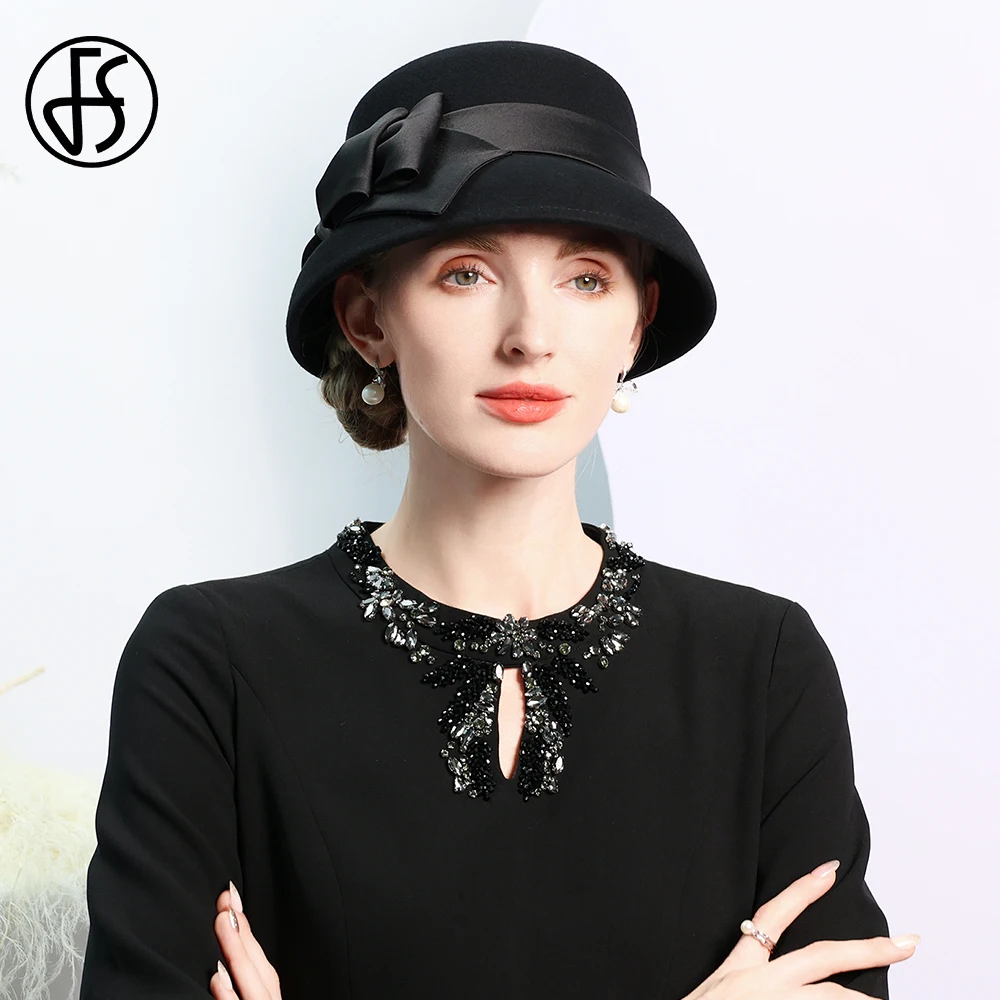 FS British Top Hats For Women With Bowknot Wedding Church Millinery Elegant Winter Wool Fedoras Ladies Fashion Bucket Cap