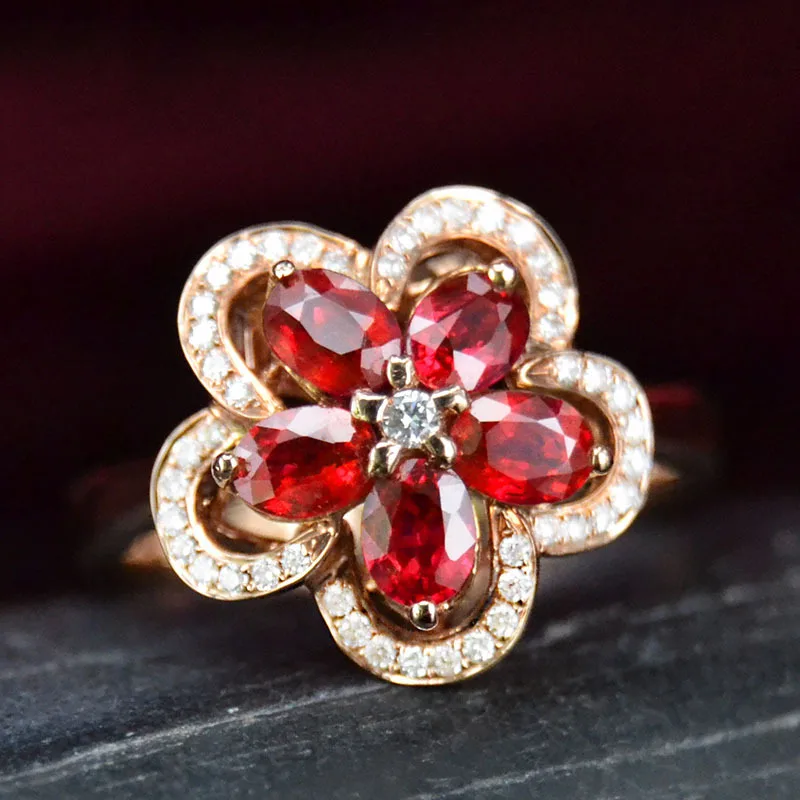 S925 Sterling Silver Open Flower Ring for Women Adorned with Ruby and Featuring Elegant Rose Gold Finish