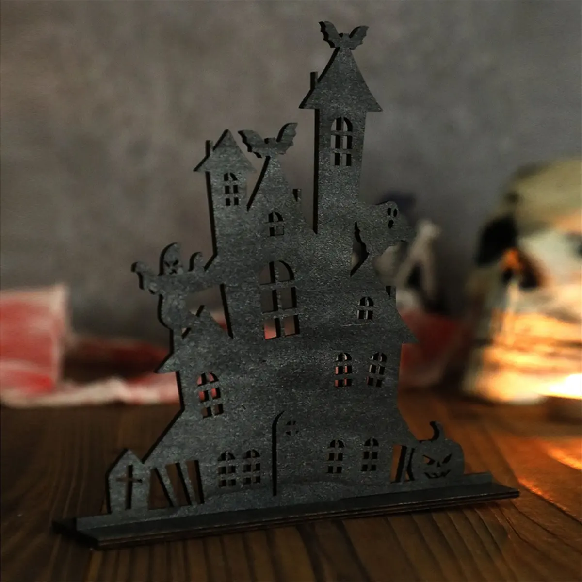 A32I Halloween Holzornamente Dekorative Holzsilhouetten Geisterhaus-Skizzen Desktop-Dekoration