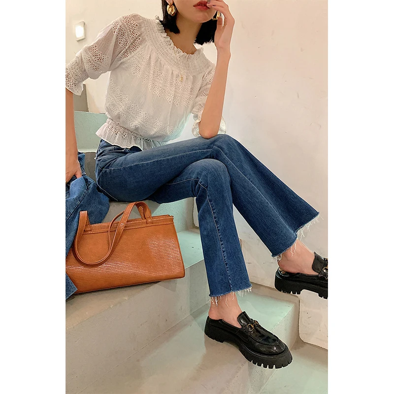 Damskie dżinsy z wysokim stanem, rozszerzane do kostek, długie do ziemi, obcisłe, typu mom jeans, jesienne, nowe, ciemnoniebieskie, długie spodnie.