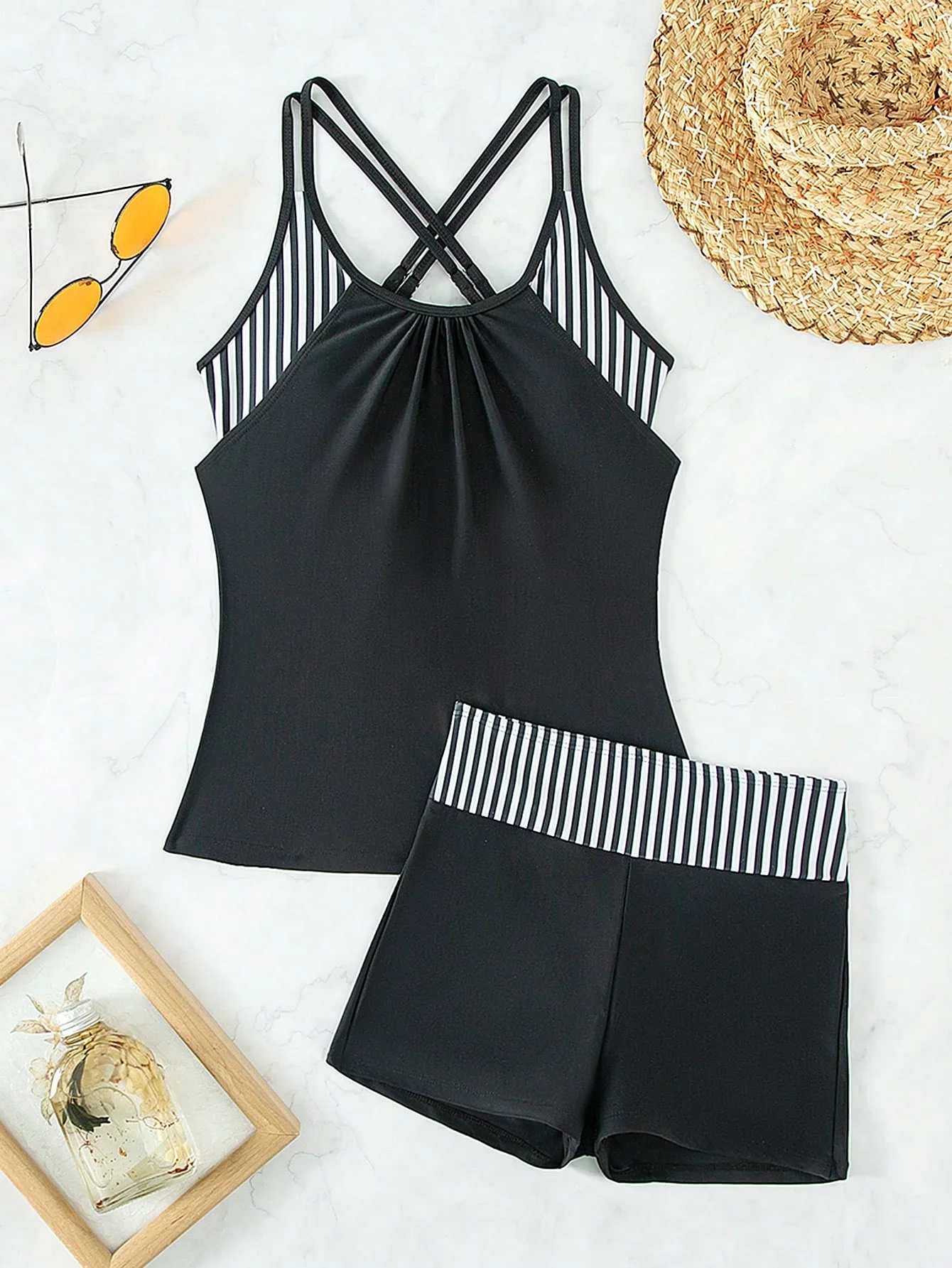 Ladies Atmosphere Feeling Wrinkled Chest Back Cross Boxer Shorts Printed Black U-necktie Sexy Tankini 2 Pieces Swimsuit Women