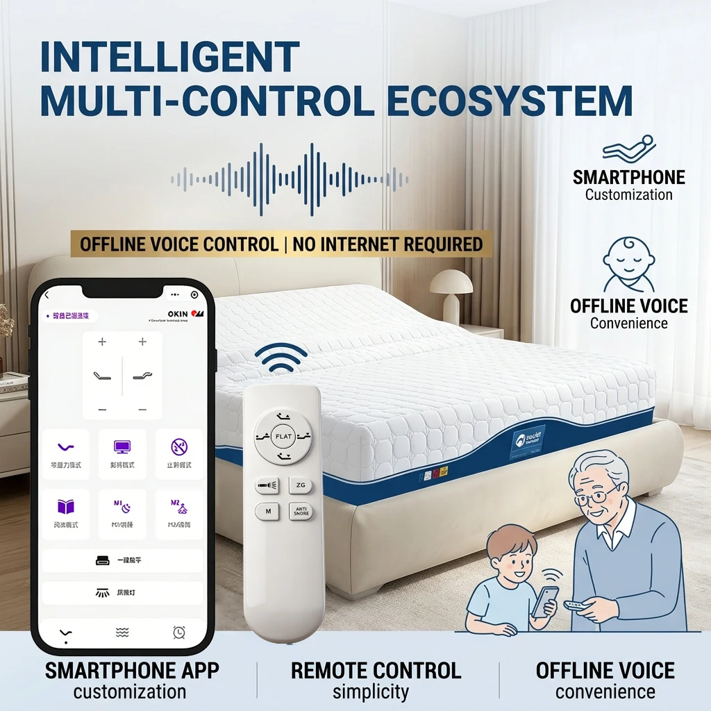 Anti-Snore Smart Electric Adjustable Mattress Voice Control Zero Gravity Mode Customizable Size Silk Fabric OEKO-TEX/CE Bedroom