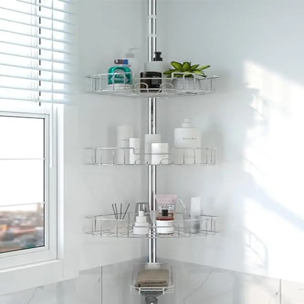 Adjustable Shower Caddy Corner Tension Pole Stainless Steel Organizer Stand Bath Storage Rack with 4 Tier Baskets and Hooks