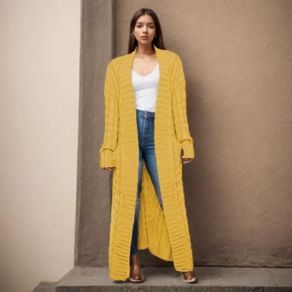

Women's Loose Knitted Cardigan European American Style Autumn Winter plus Size Long Twist Sweater Coat with Pockets Lazy Style