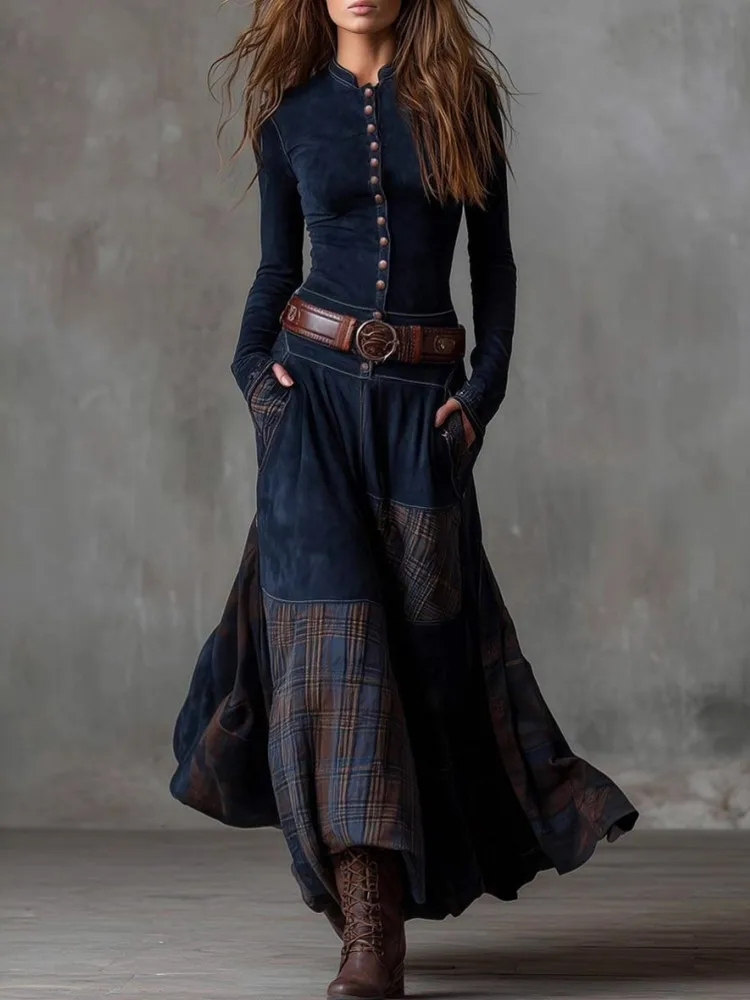 Gaun Maxi Panjang Kancing Motif Kotak-kotak Suede Elegan Wanita Seksi Model A-Line Vintage Lengan Panjang Musim Semi Gugur Dilengkapi Ikat Pinggang
