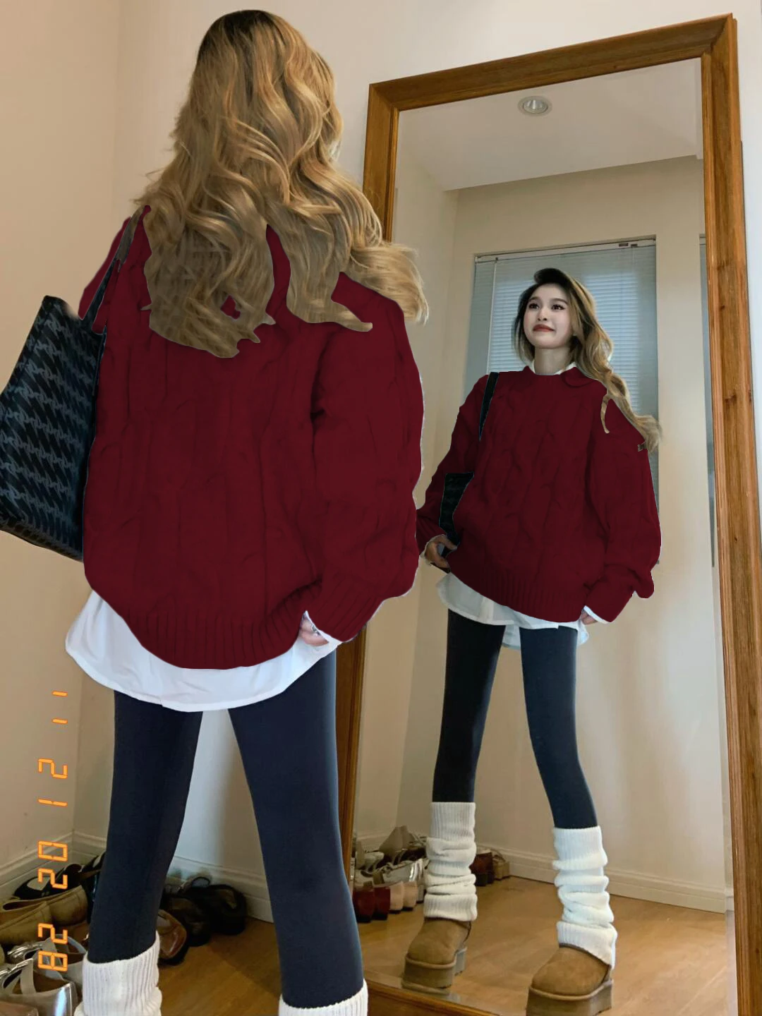

plus Size Women's Autumn Winter Thiened Loose Knitted Sweater Wine Red Twist Lazy Sle Sweet round Ne Long Sve Top