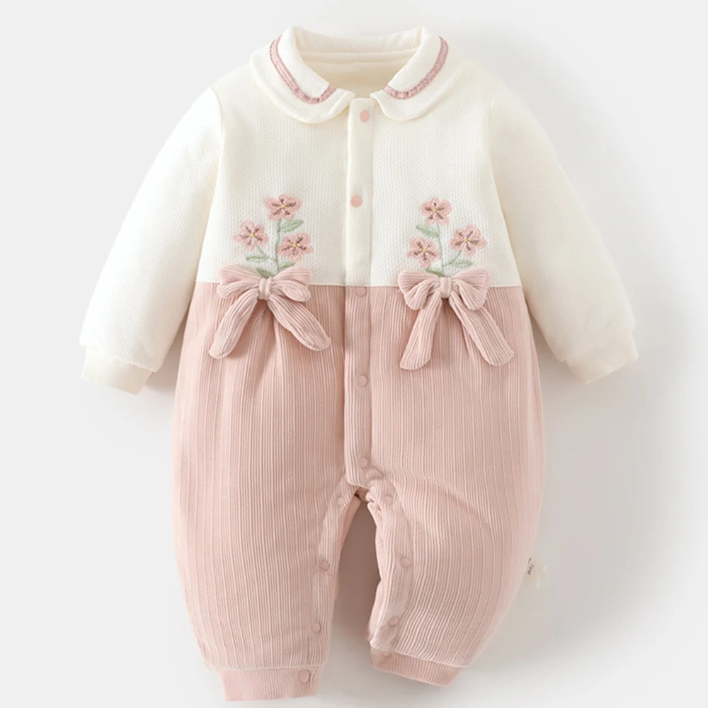 

Детские рождественские комбинезоны с длинными рукавами, стеганые утепленные зимние комбинезоны для маленьких девочек, комбинезоны принцессы с цветочным принтом и воротником Питера Пэна