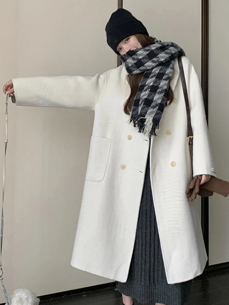 Lanmrem-女性のミドル丈ウールコート,長袖ラペル,ダブルブレストの服,モノクロ,冬のファッション,新しい,2024, 2023