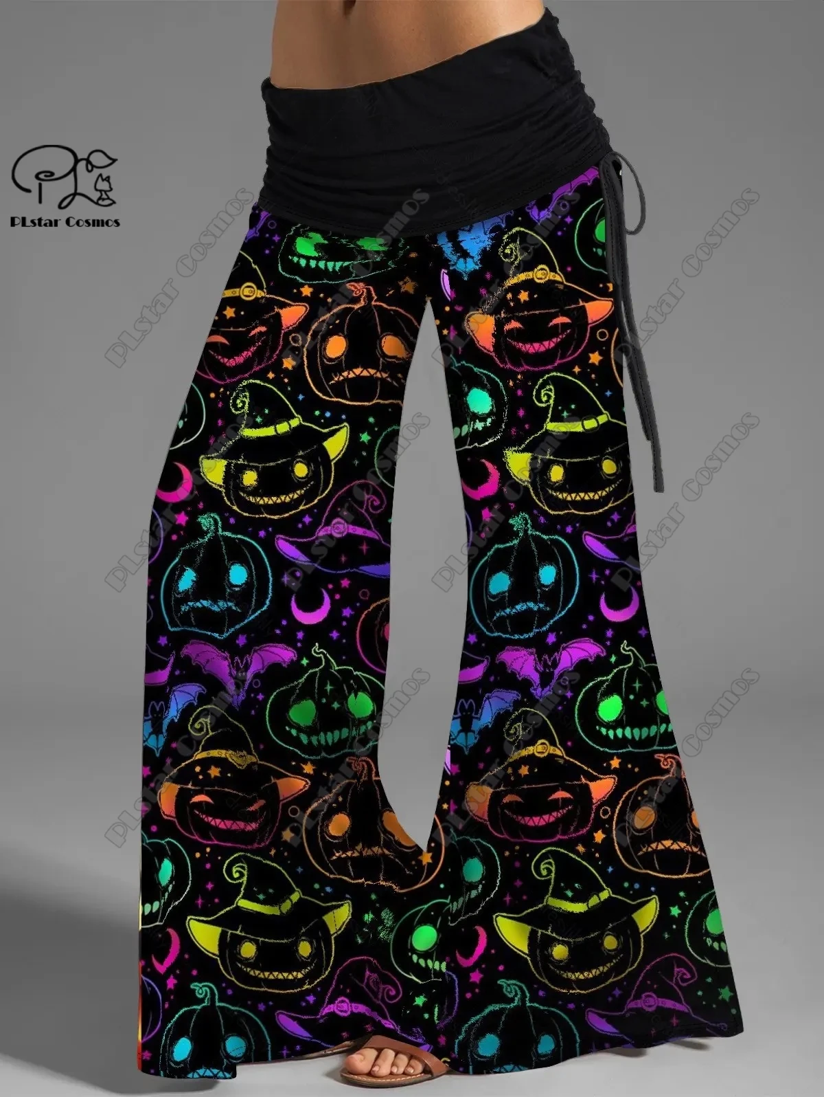 PLstar Cosmos 3D Print Halloween Series Owl Fox Print Wide Leg Pants Waistband Folding Elastic Waist Pants Daily Casual Pants