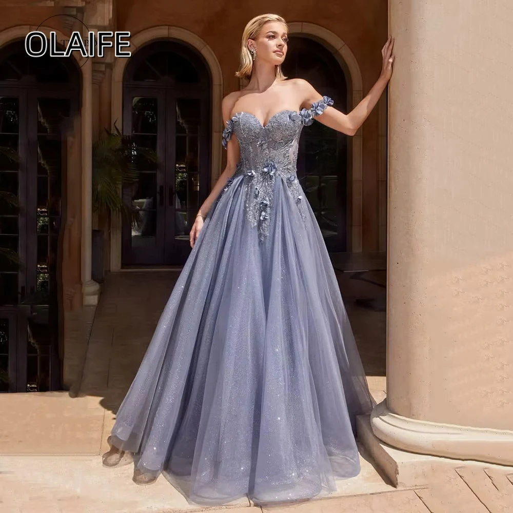 Olaife Elegant Off-Shoulder Long Prom Dresses For Women Glitter Tulle 3D Flower Appliques Formal Occasion Evening Party Gown