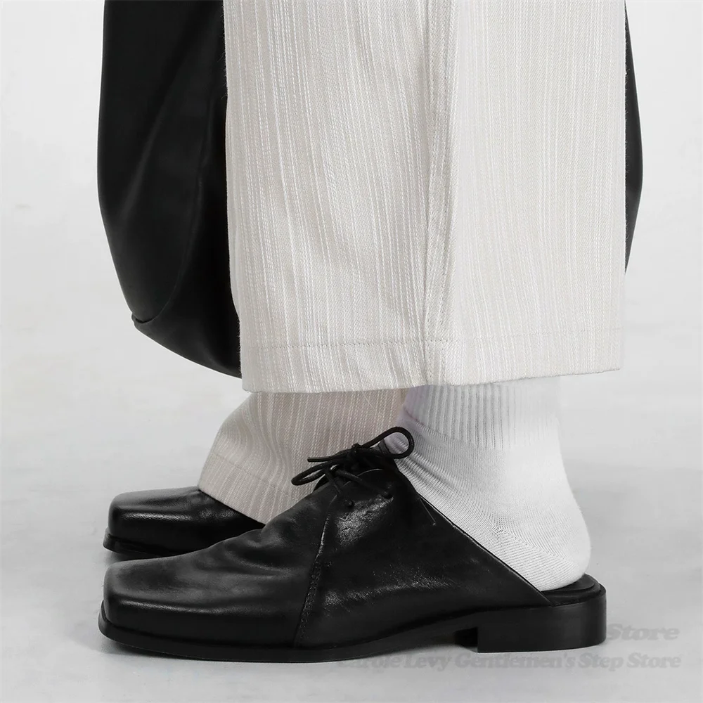 Zapatillas de cuero lavado para hombre con punta cuadrada, con cordones, para ir al trabajo, de tacón medio, sin cordones, para oficina y negocios.